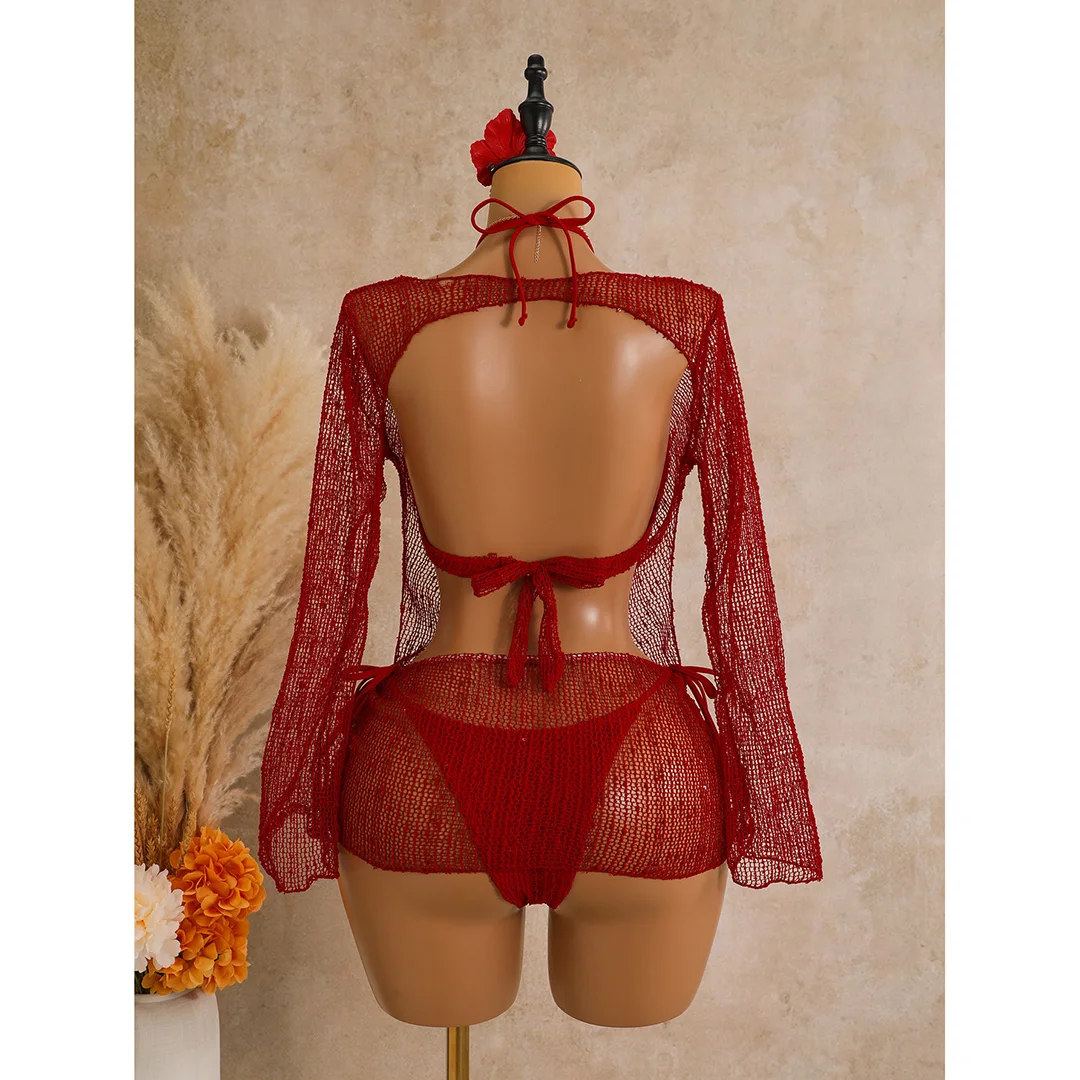 Sexy Neckholder-Bikini, Damen-Badeanzug, dreiteiliges Bikini-Set mit langärmeligem Kleid, Badeanzug, Badebekleidung, Schwimmanzug V7925C – Detail 12