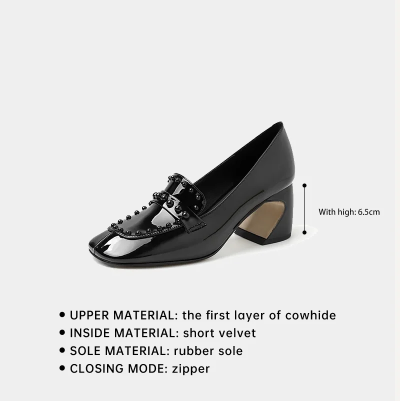 Ods Handmade Brand Genuine Leather Square Toe Thick High Heels Metal Rivets Fairy Lady Women Pumps Square Toe Slip On Flats33-40