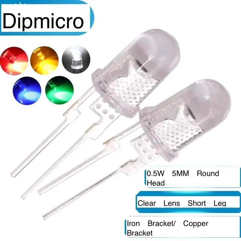 

1000pcs/lot 0.5W F5/5MM Round Head with Edge Clear Lens Iron Bracket / Copper Bracket Red Yellow Blue Green White LED Beads