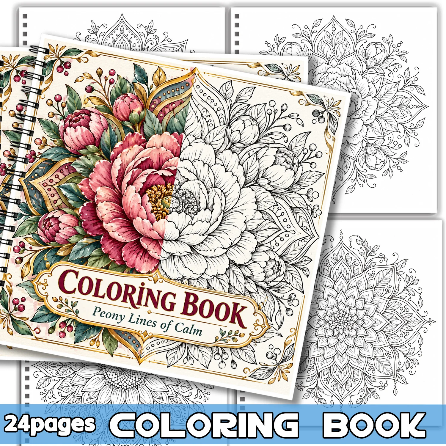 Spiral Binding Coloring Book Peony Lines of Calm Floral Design for Adults Teens showcasing creativity relieving stress 24 Pages