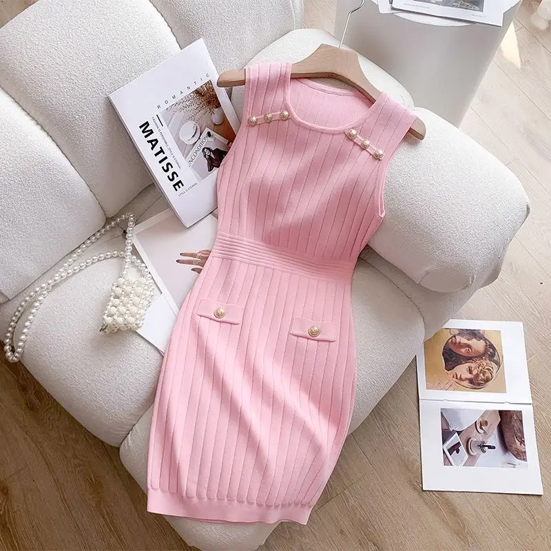 Damskie Sukienki Letnie Bez Rękawów Vintage Moda Cienka Dzianina Elegancka Wygodna Szykowna Sukienka Zapinana na Guziki