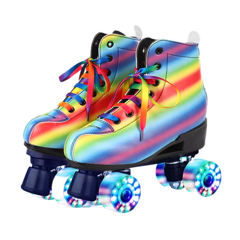 4 Wheels Skating Shoes Women Leather Roller Skates Double Row Line Skates Shoes  Lady  Skating Rollers Cartoon Rainbow Pattern