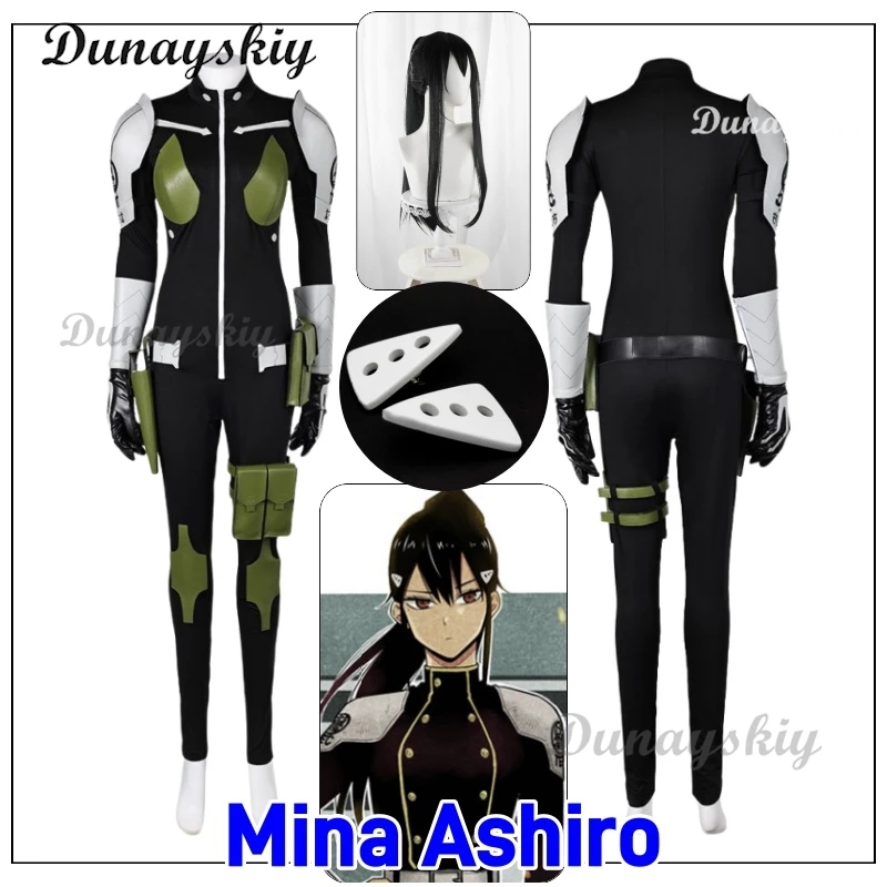 Mina Ashiro Anime Kaiju No. 8 Cosplay Costume Black Leather Hairpins Wig Jumpsuit Bag Uniform Third Division Halloween Party