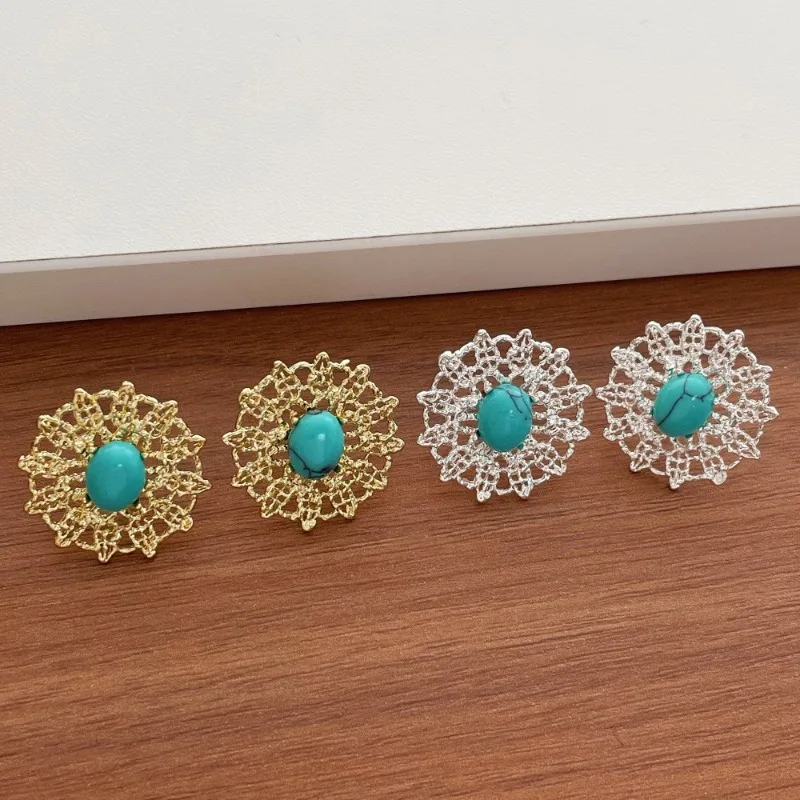 Minar INS Hot Natural Stone Kallaite Irregular Round Hollow Out Floral Drop Earrings for Women Statement Daily Beach Jewelry