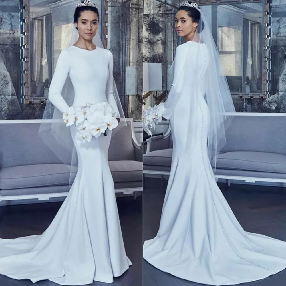 

Gorgeous Satin Beach Wedding Dresses Sexy Mermaid Long Sleeved Slimming Bridal Party Gowns Sweep Custom Made Mopping New 2023