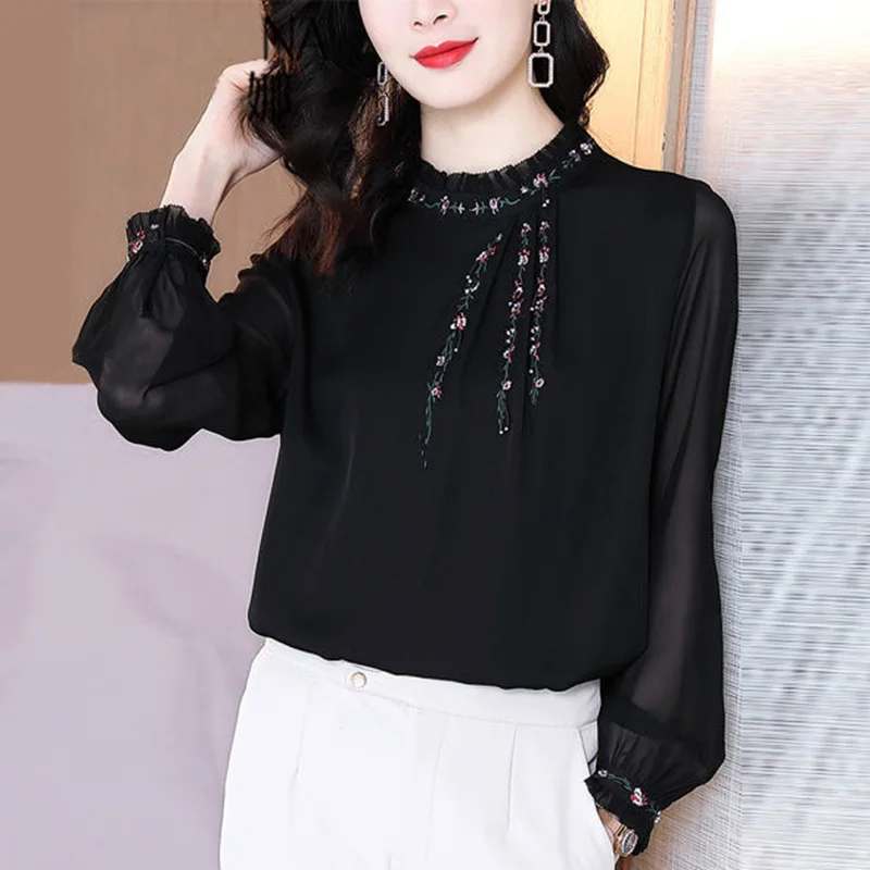 Elegant Solid Color Loose Ruffles Embroidery Blouse 2022 Autumn New Casual Tops Oversized All-match Commute Women\'s Shirt