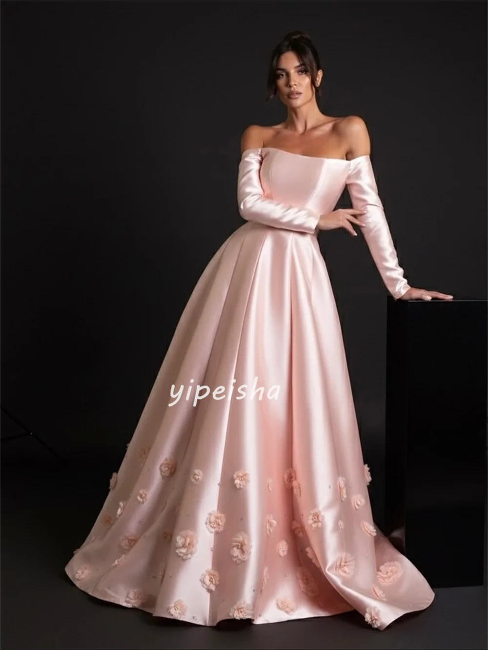 맞춤형 우아한 패션 샤무즈 수제 꽃 주름 A라인 오프숄더 롱 드레스 맞춤형 행사 드레스 클래식