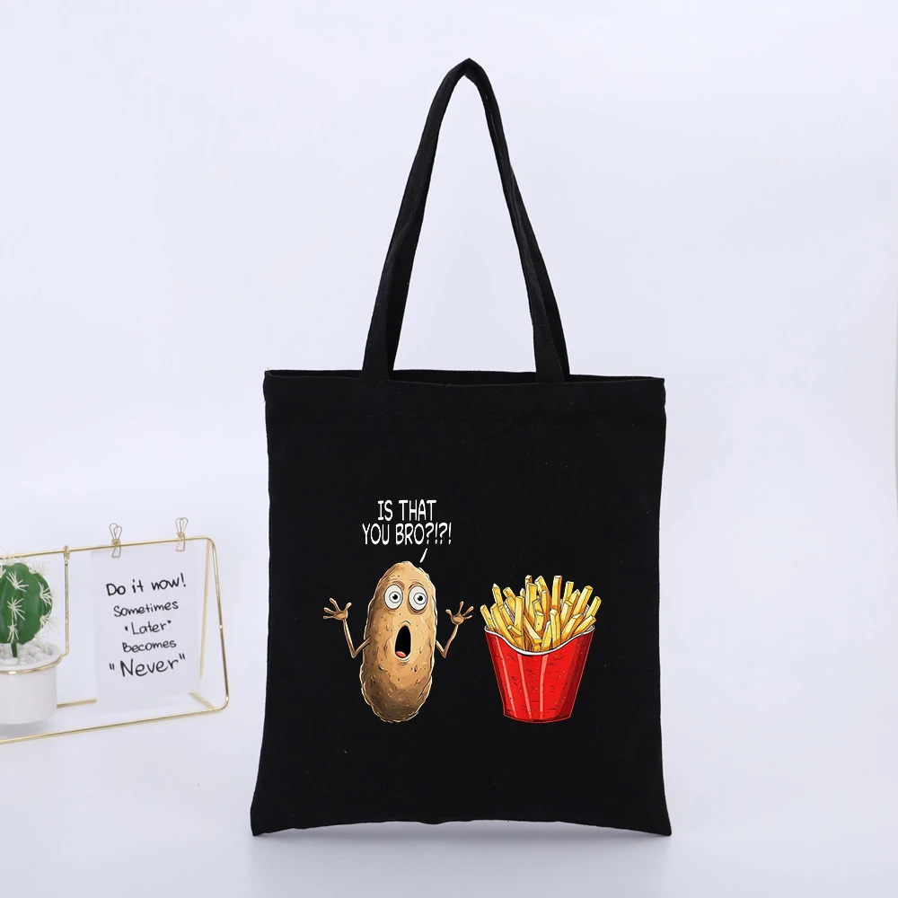 Potato and Fries Graphic Canvas Tote Bag, Casual Style for Daily Shopping and Errands