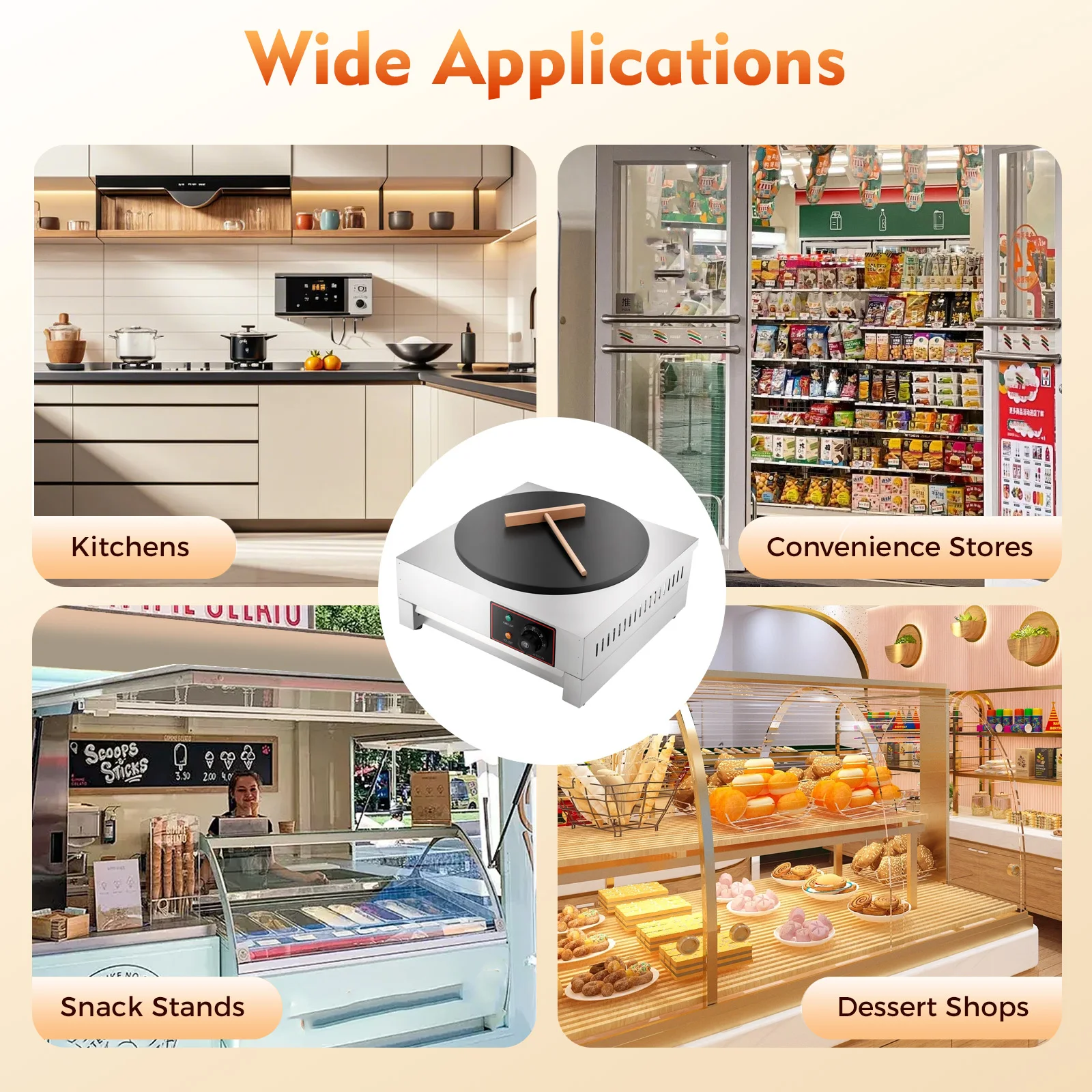 Teglia per crêpe elettrica, teglia da 15,75 pollici di diametro, temperatura regolabile per comodità in cucina, supporto per snack, negozio di dessert