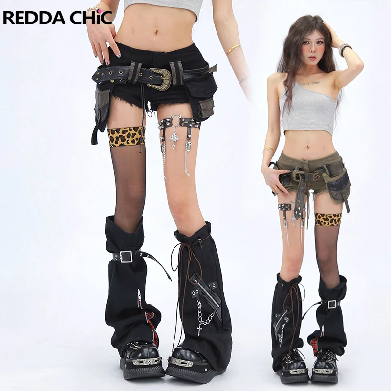 

REDDACHiC Rokku Gyura Studs Belt Denim Shorts Summer Cargo Pockets Frayed Low Waist Tight Jean Short Harajuku Y2k Women Bottoms