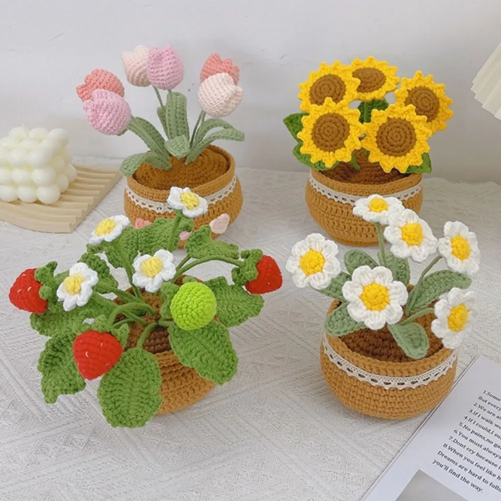 Handmade Tulip Potted Flower Bundle Decoration DIY Crochet Material Bag Self Made Decoration