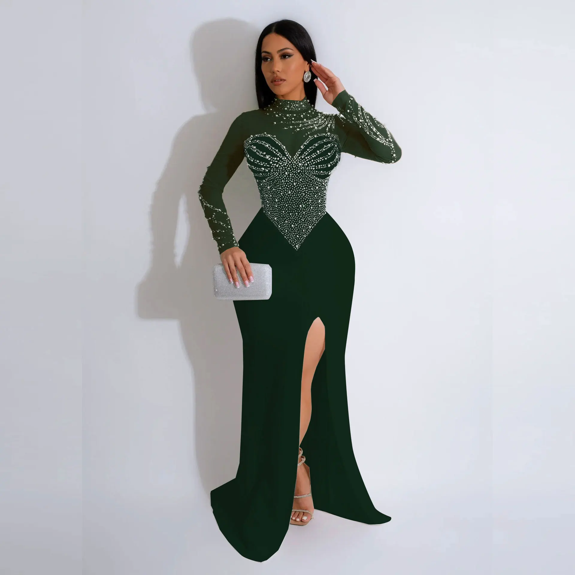 Pearl Sheer Sequin Luxury Party Dress 2025 Split Robe Women Sexy Club One Piece Dress Female Elegant Evening Birthday Vestido