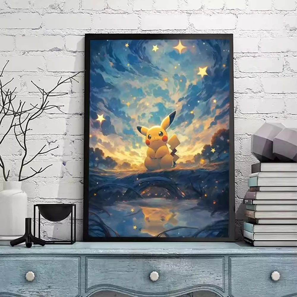 Van Gogh Starry Sky Anime Figures Pokemon Pikachu Watercolor Painting Canvas Posters and Prints Wall Art Picture for Living Room