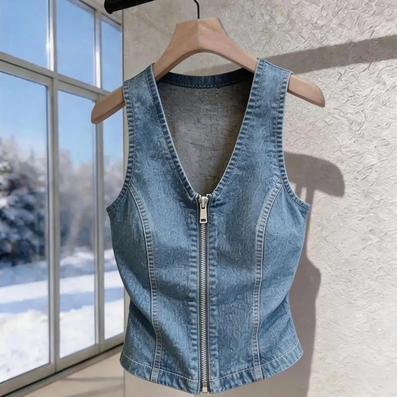 

Unique Denim Top Women's Summer New European Foreign Style French Retro Sleeveless Sling Vest