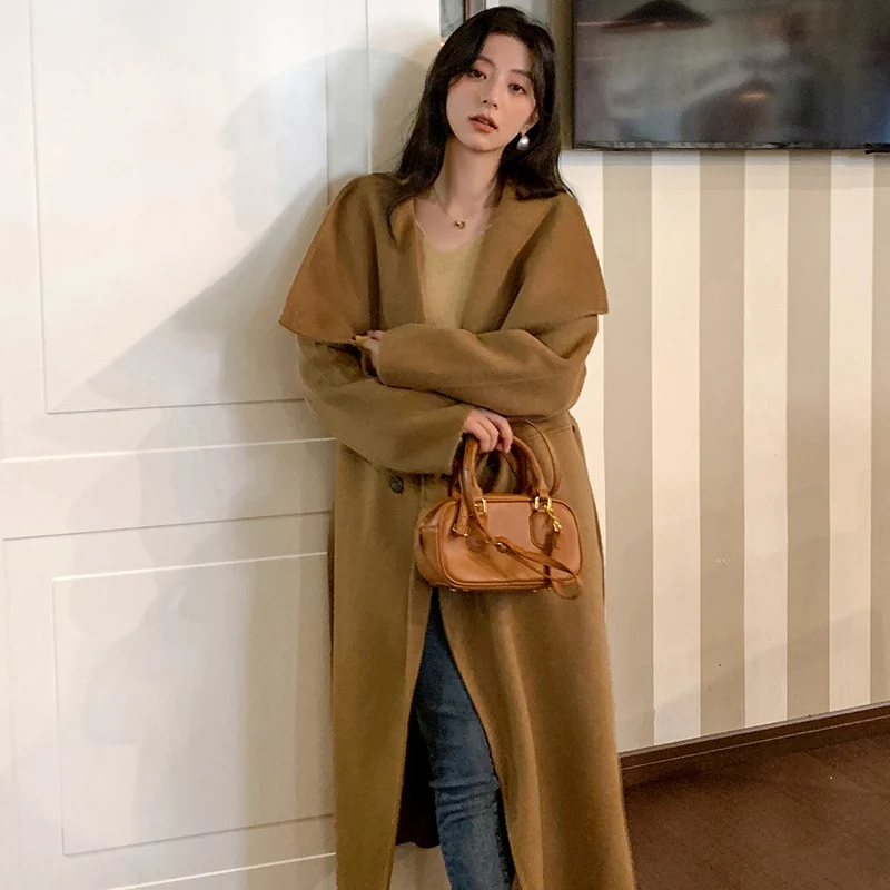 High-End Camel cashmere Mantel, Revers einfarbig Slim-Fit Damen jacke Trenchcoat