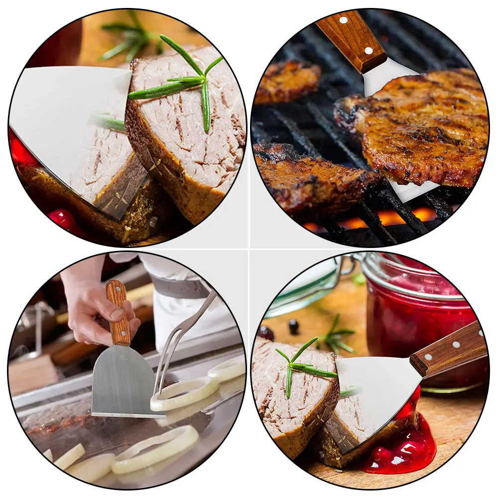

3pcs Wooden Handle Stainless Steel Spatula Grilling Kitchen Tool Teppanyaki Baking Grill Turner Shredded Cake Shovel Pancake