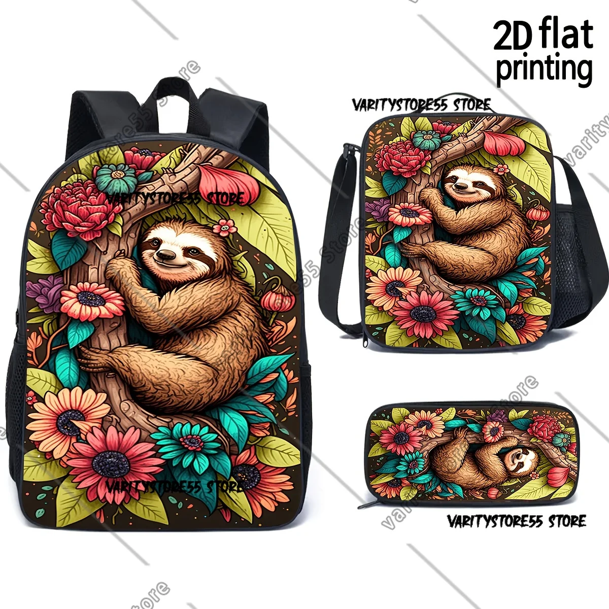 

Рюкзак с тропическим цветочным принтом Sloth для школьников (мальчиков и девочек), сумка для ноутбука, наплечная сумка, 3 предмета: термосумка для обедов и пенал