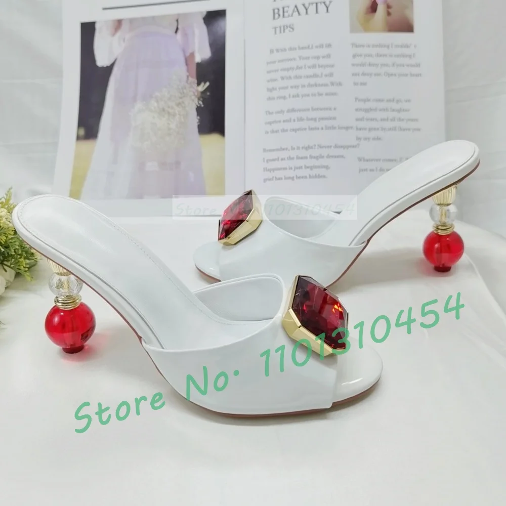 Red Crystal Ball Heels Mules Women Round Strange Heel Ruby Patent Leather Shoes Ladies Summer Peep Toe Party Casual Slippers