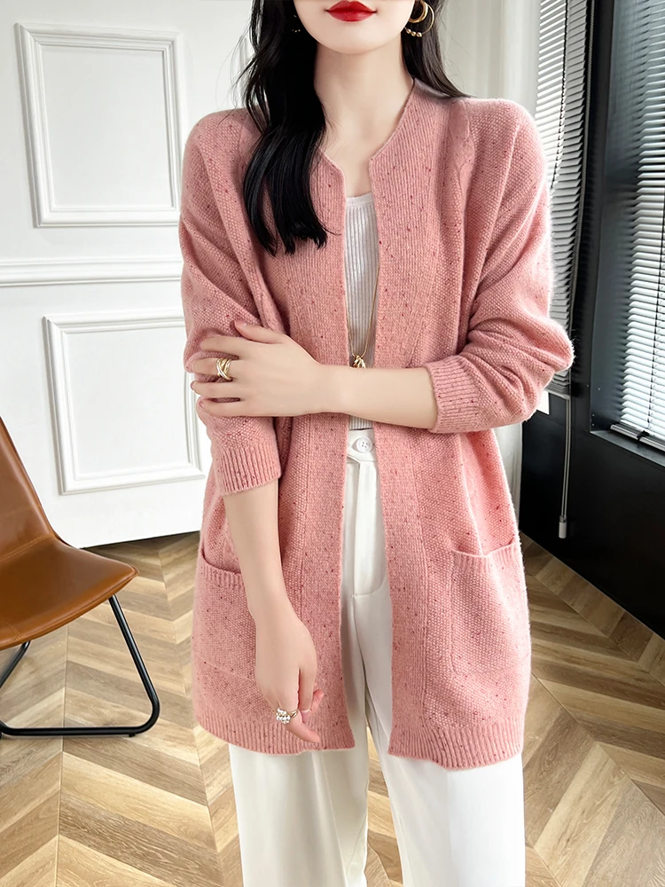 

ANGEL 100% Merino Wool Women Cardigan Spring Autumn Winter Long Sleeve Sweater Loose Warm Knitwear Fashion Female Mid-Long Coat