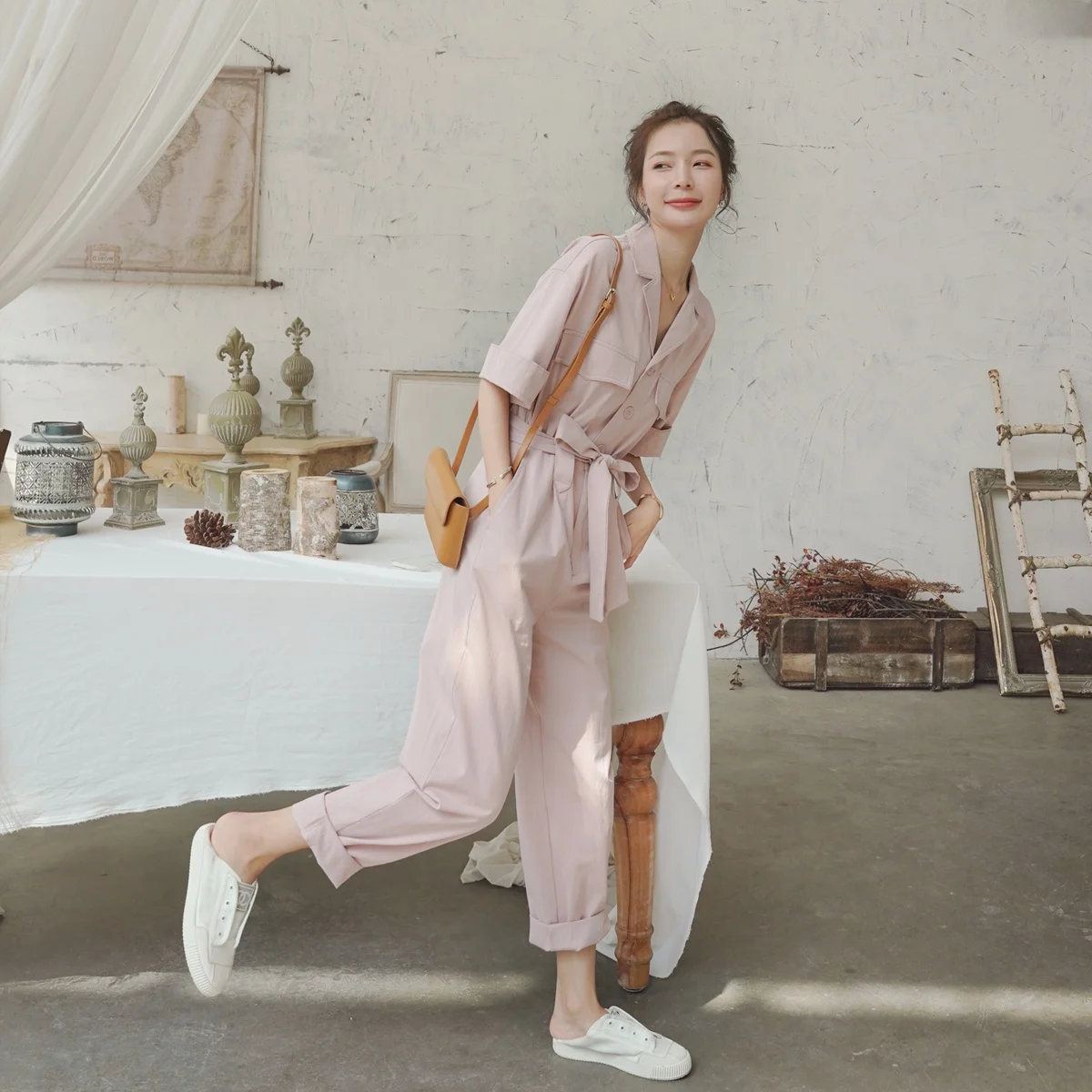 Nuevo Mono de Trabajo Rosa de Verano para Mujer, Conjunto Delgado de Cintura Alta con Pantalones Anchos y Cinturón, Estilo Ca...