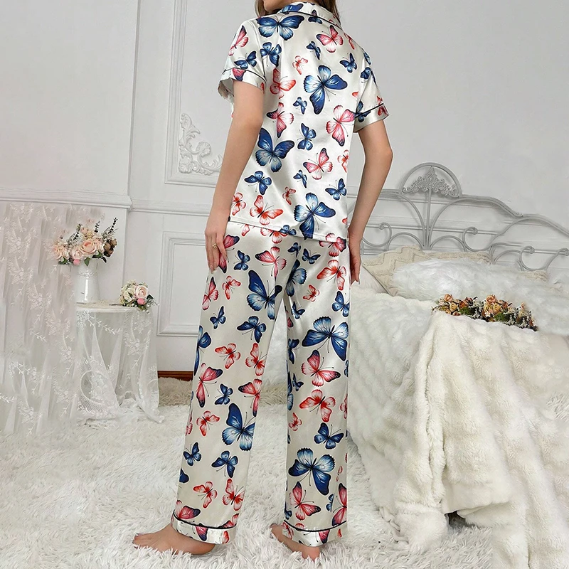 Women\'s Butterfly Print Satin Elegant Pajama Set Short Sleeve Buttons Lapel Top With Pants Loungewear 2 Piece Nightgown Nighty