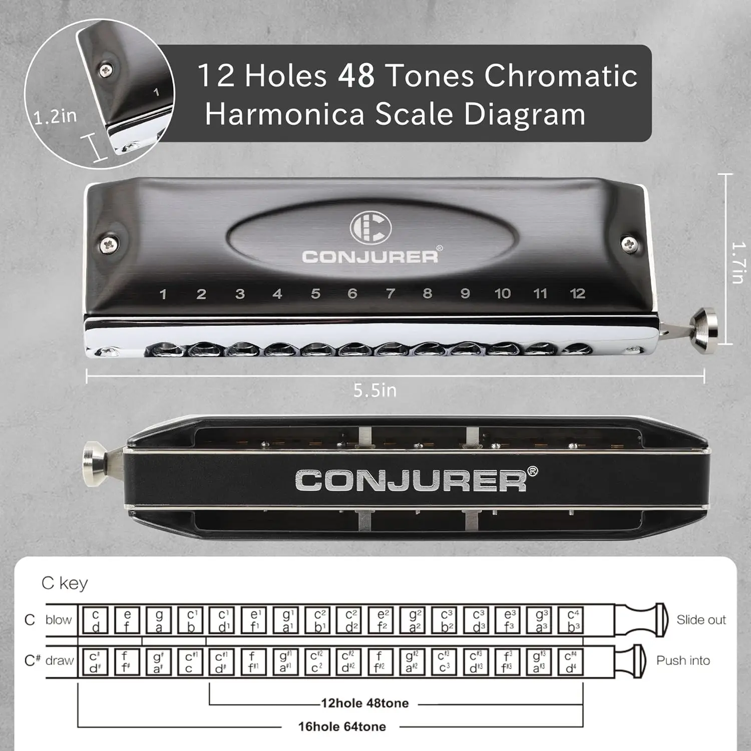 CONJURER Chromatic Harmonica 12 Hole 48 Tones Key of C without valves for beginners adults professional