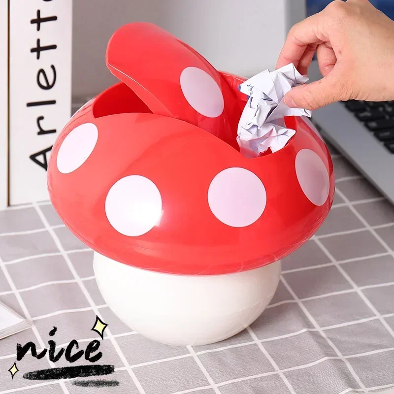 1pc Mushroom Shaped Mini Desktop Trash Can, Student Desk Office Table Storage Bucket With Lid, Cute Creative Small Wastebasket