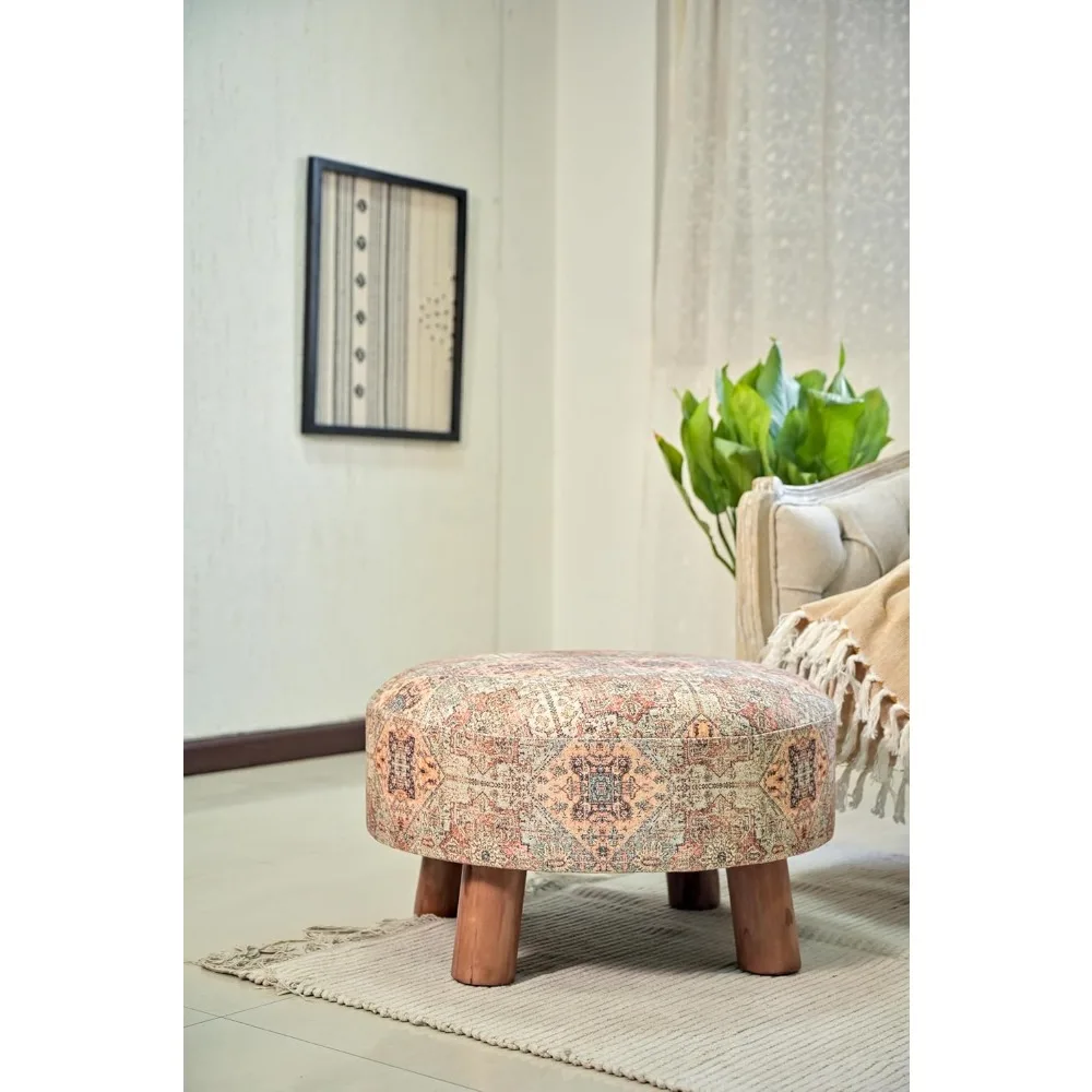 Ethnic Print Round 100% Cotton Upholstered Ottoman Foot Rest Stool with Bamboo Legs