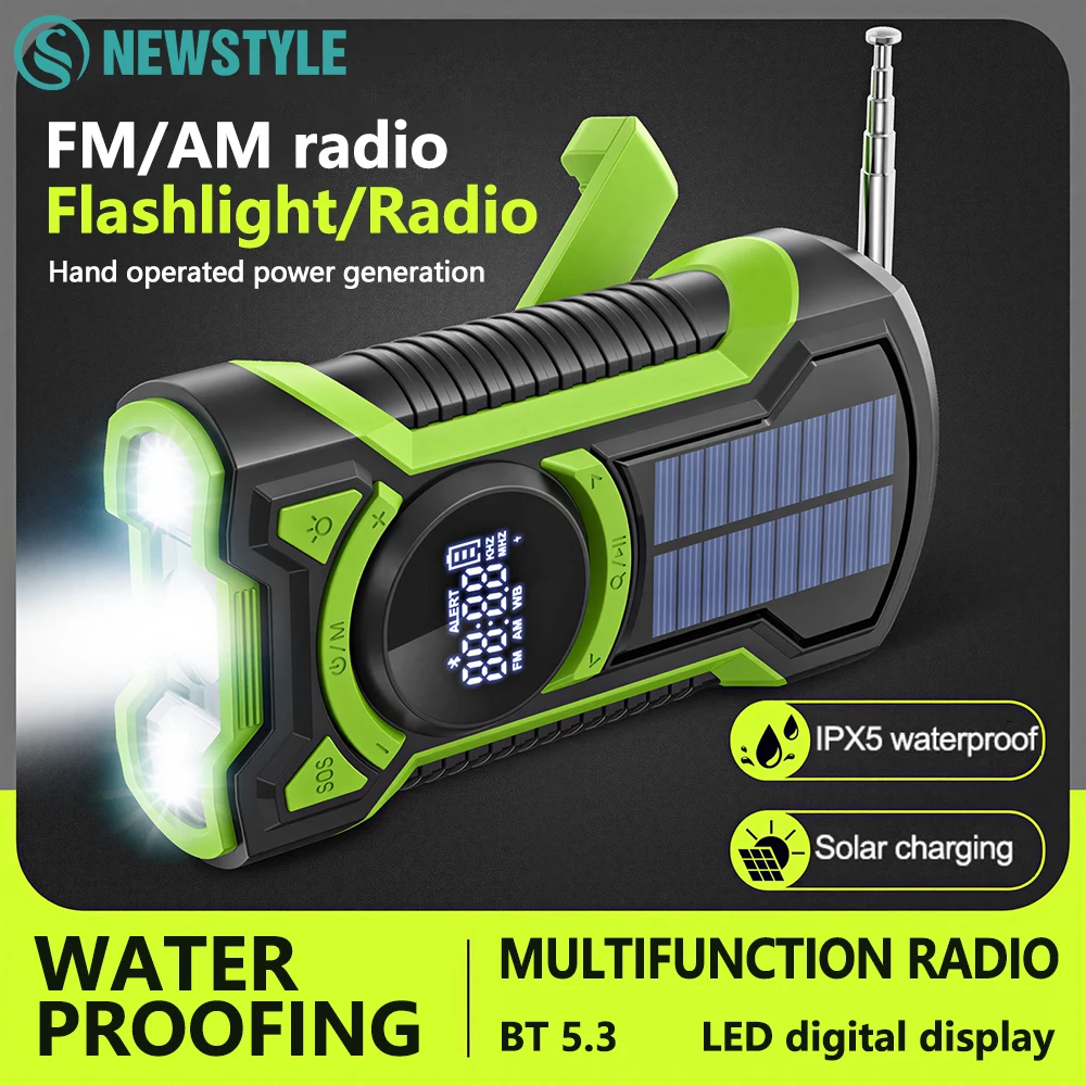 

Солнечная аварийная радиостанция, ручная рукоятка, 5000 мАч, перезаряжаемая портативная вспышка, IP65, водонепроницаемая для AM/FM/погодного радио для улицы