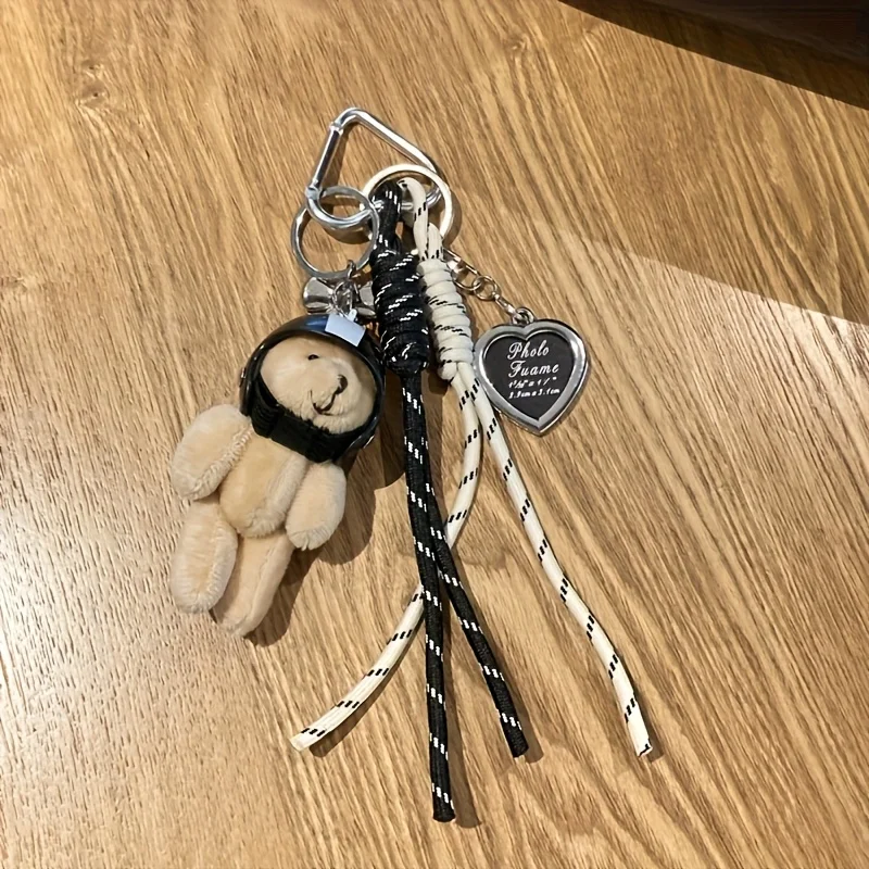 Cute Helmet Bear Pendant DIY Personality Car Key Chain Decoration Charm Woven Rope Hanging Mobile Phone Key Ring Bag Accessories