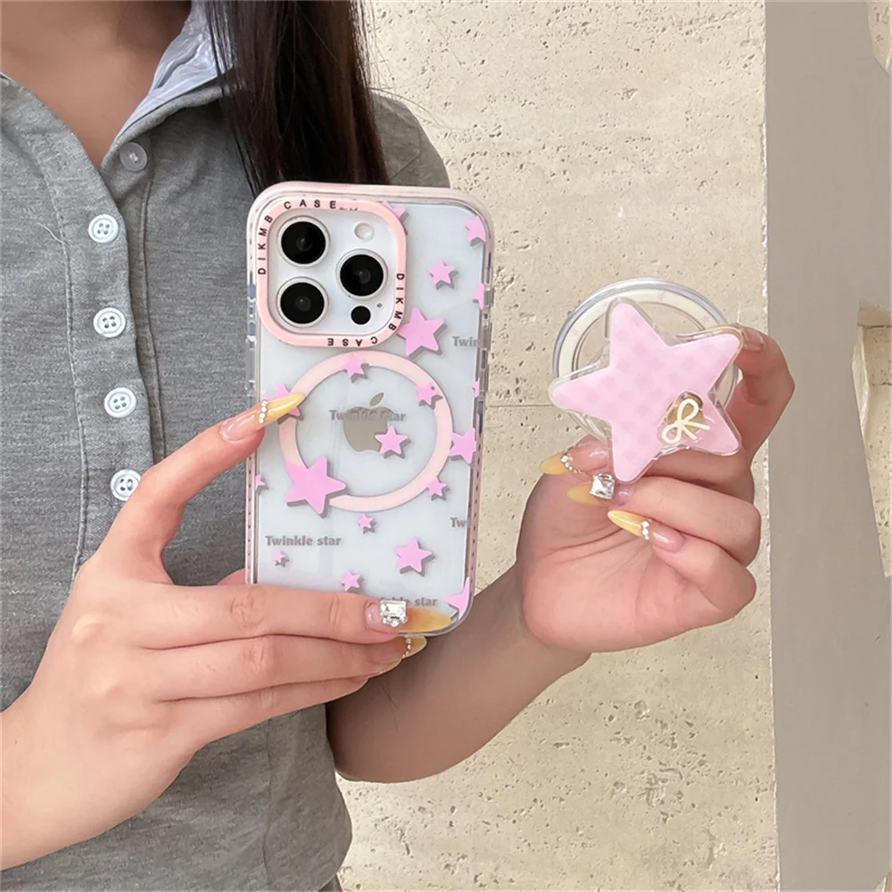 

Korean INS Kawaii Pink Stars Lattice Pattern Rotate Bow Magnetic Stand Phone Case For iPhone 13 14 16 15 Pro Max Anti-fall Cover