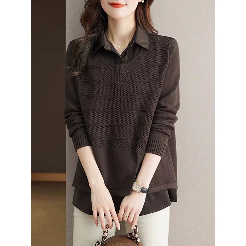 Women Clothing Fake Two Pieces Solid Knitted Sweater Autumn Winter Casual Comfortable Pullovers Vintage Loose Jumper