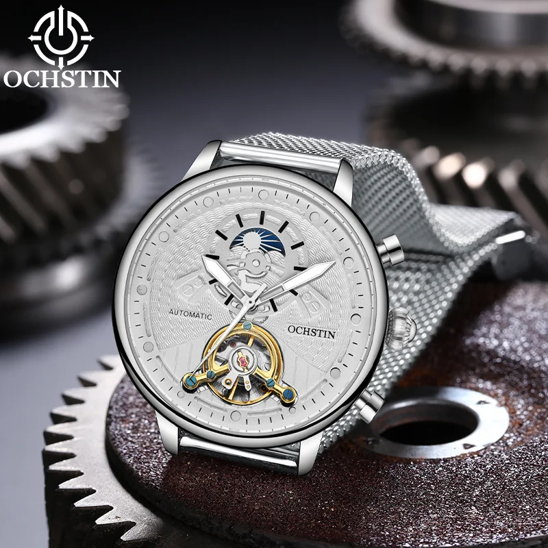 

OCHSTIN Man Premium Dress Flywheel Mechanical Watch Men's Rust-proof Adjustable Stainless Steel Mesh Strap Fashion Wristwatch