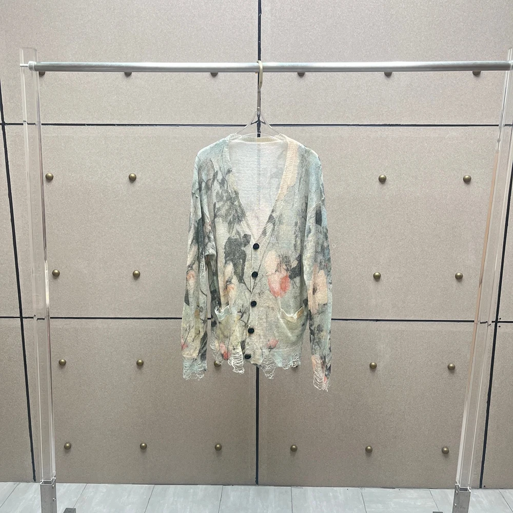 

Linen Women's Cardigan Y2K Floral Print Distressed Vintage-Style Long-Sleeve Knit Sweater Top 2025 Early Autumn New Arrival