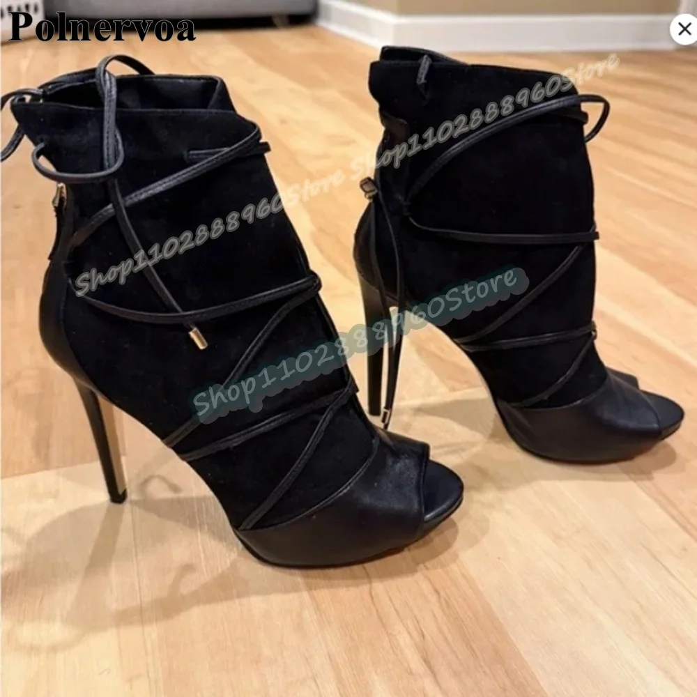 

Black Flock Leather Splicing Cross Tied Ankle Boots Thin High Heel Shoes For Women Back Zipper Peep Toe 2026 Zapatos Para Mujer