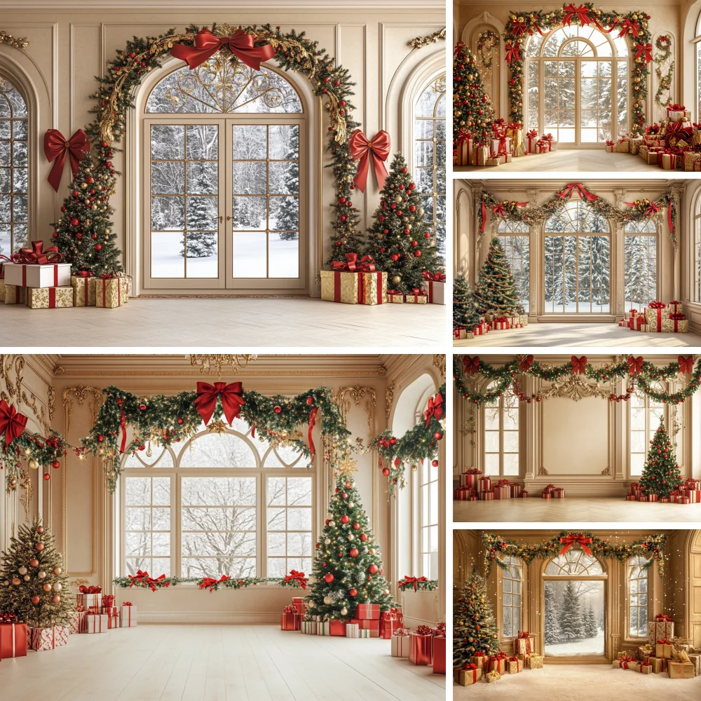 

Christmas Interior Photography Background Arch Wreath Door Gold Gift Box Backdrop Wedding Maternity Portrait Photo Studio