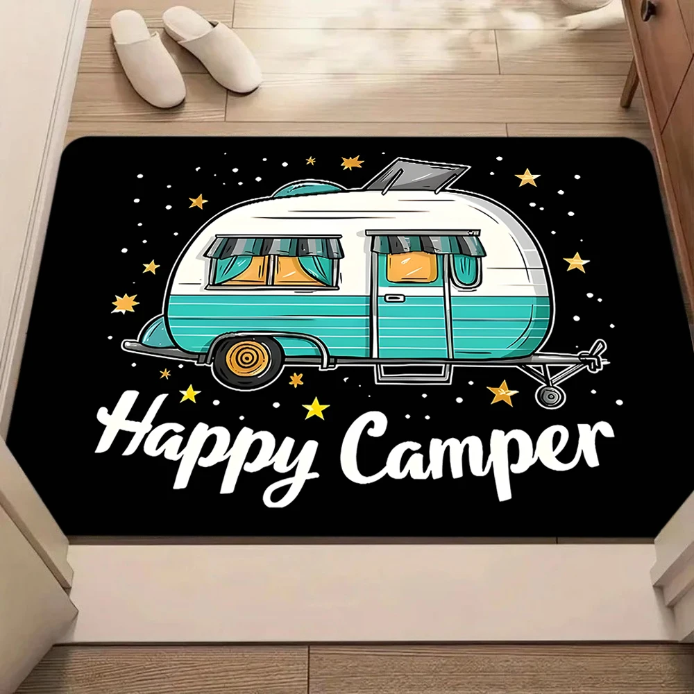 Felpudo Vintage para Camper Van con estrellas, alfombra de Coir negra, texto de Camper feliz, decoración de aventura al aire libre, estera de entrada antideslizante para el hogar