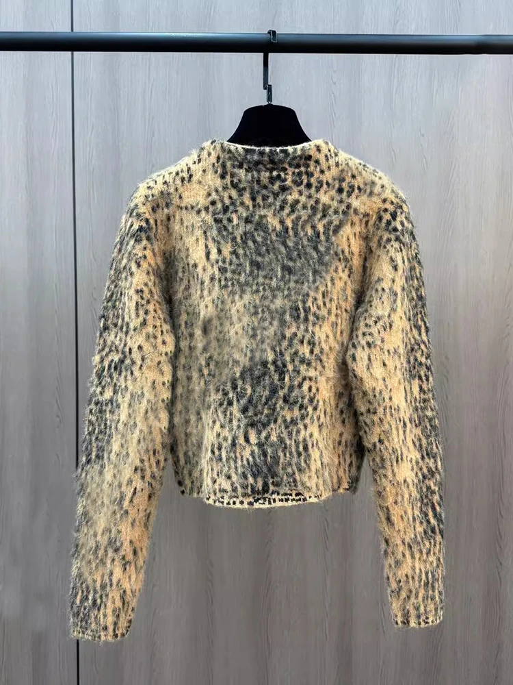 VGH Leopard Print Women Wool Coats Round Neck Long Sleeve Spliced Single Breasted Short Jackets Female Fashion Style Winter New
