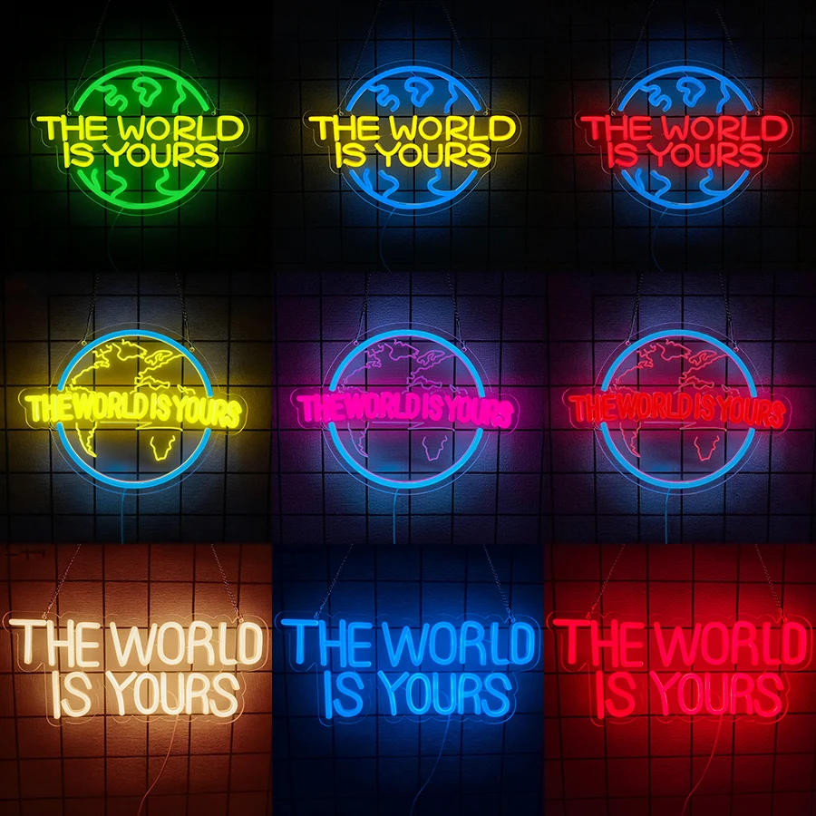 العالم هو لك النيون تسجيل للرجل الكهف المنزل بار بيسترو نادي مقهى لعبة غرفة نوم هدية عيد ميلاد حفلة التخرج ديكور #1