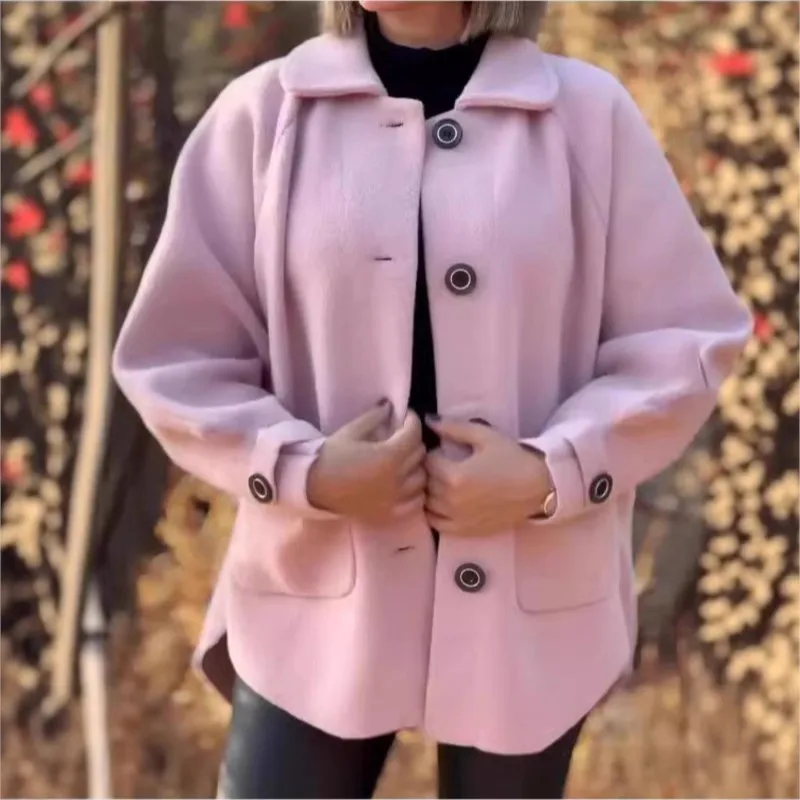 

2025 Autumn Winter New Woolen Pocket Cardigan Coats Women's Casual Solid Color Loose Lapel Long Sleeve Buttons Woolen Coat