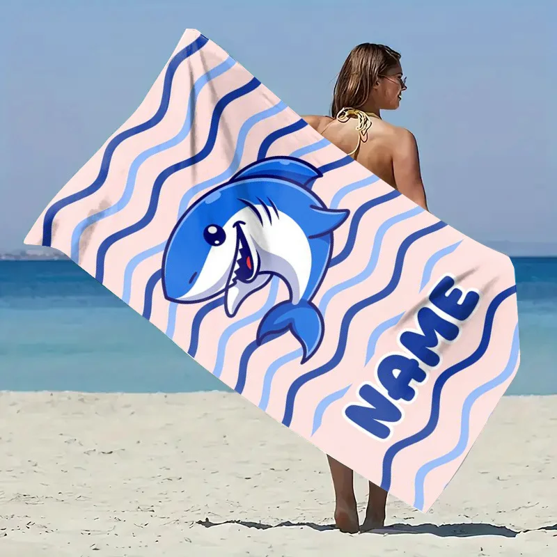Custom Cartoon Shark Beach Towel Personalized Name Print Soft Quick-Dry Large Bath Towel for Kids Swim Pool Travel Gift