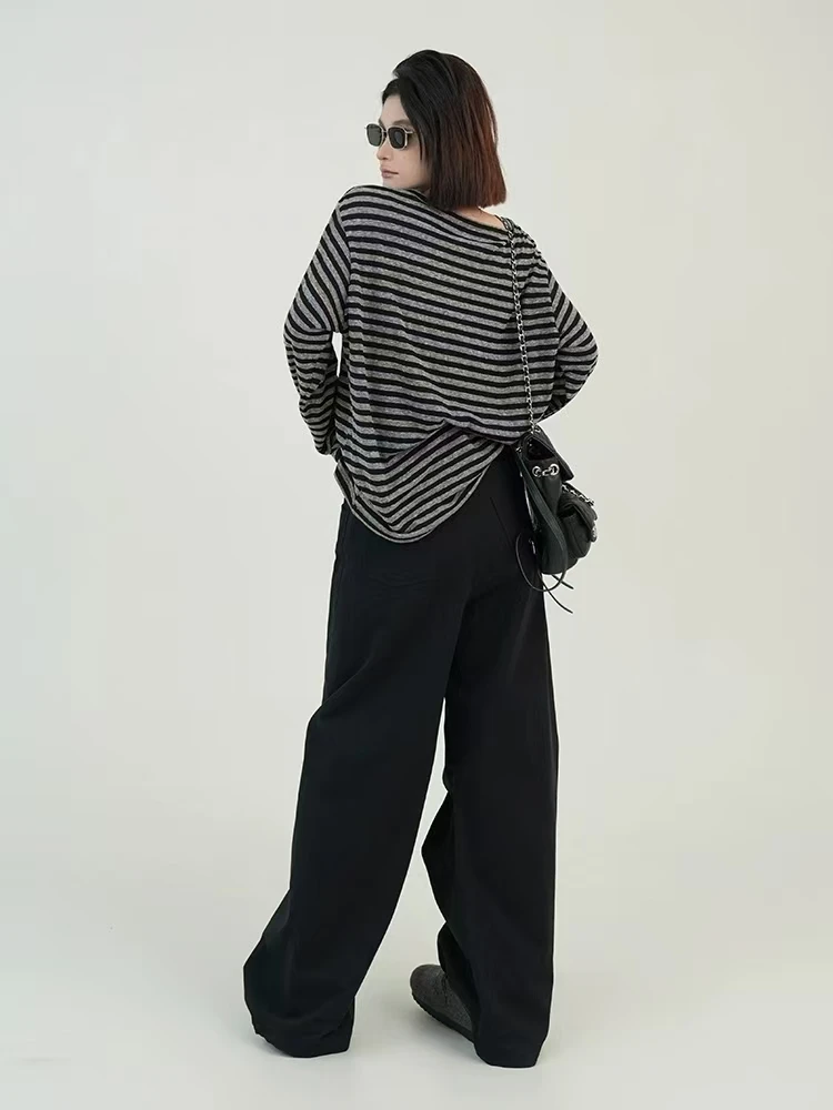 Herbst Frauen Harajuku Gestreiften T-shirt Lange Hülse O-ansatz Casual Oversize Top Femme Streetwear Schwarz Grau Lose Straße Tops Y2K – Detail 28