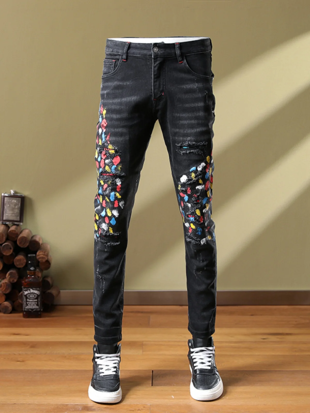 

High-End Graffiti Splatter Hole Patch Men's Jeans Spring Autumn Trendy Brand Slim Fit Elastic Long Pants Cotton Stretch Denim