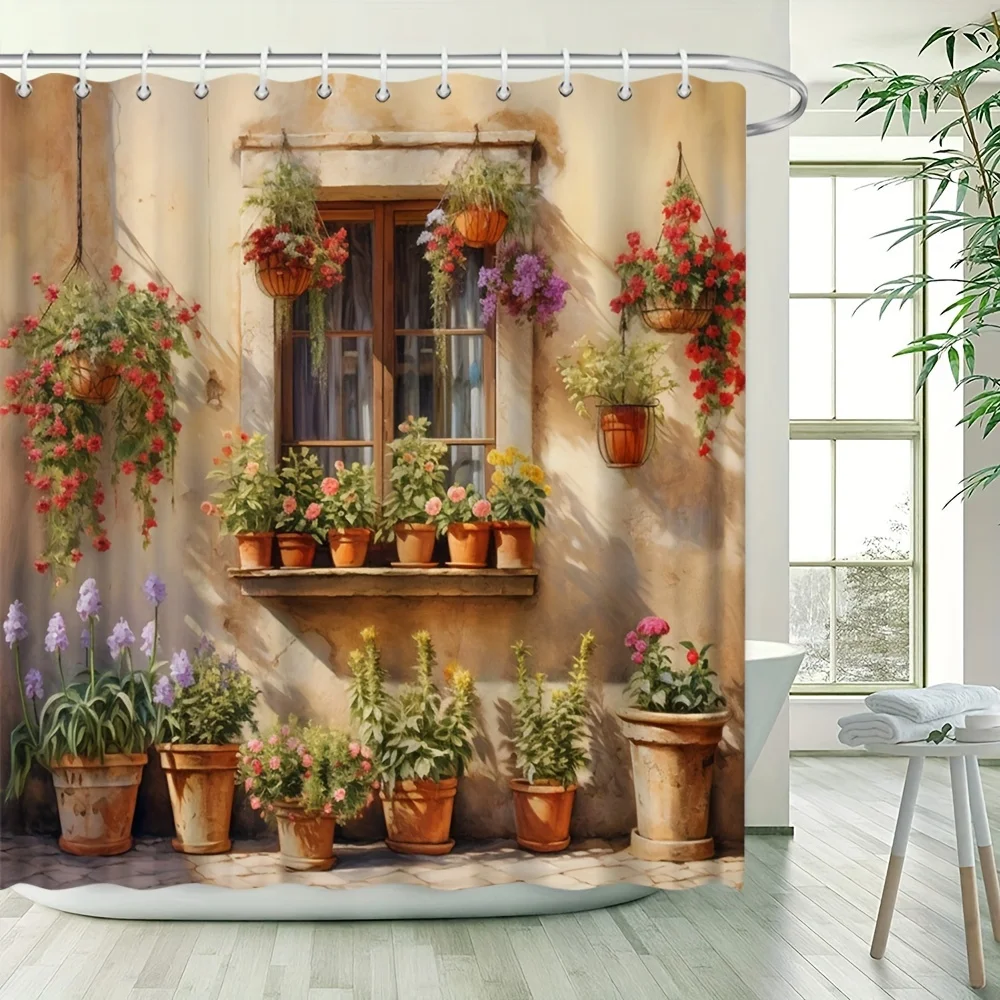 1pc Vintage-style Outdoor Bath Curtain, Hanging Flower Pots And Potted Plants Shower Curtain, Bathtub Curtain And Hooks