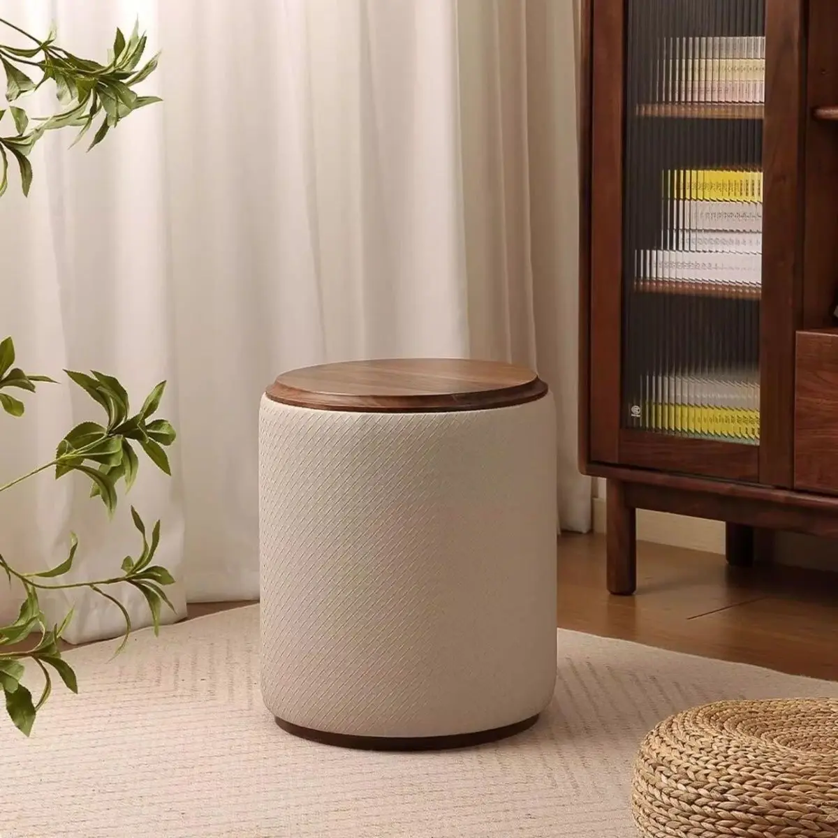 

Табурет из массива дерева с обивкой, черный, цвета эбенового дерева, круглый пуф-оттоманка, табурет с плетеным кожаным сиденьем