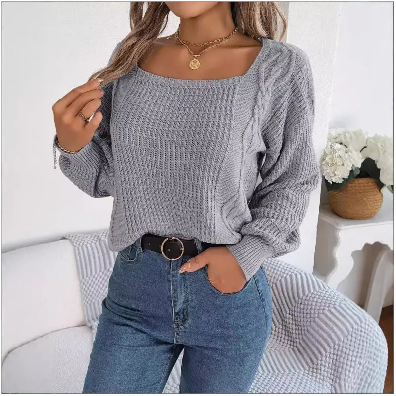 Lady Clothing Autumn And Winter 2024 Comfortable Casual Square Neck Fried Dough Twists Lantern Sleeve Knitting Pullover Sweater