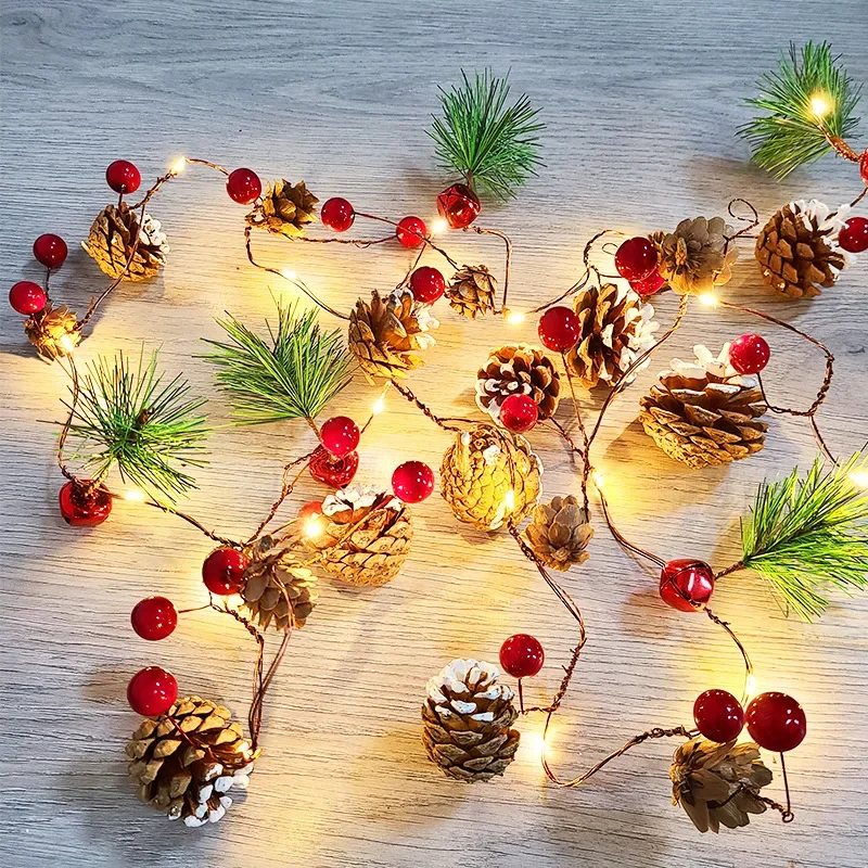 

Christmas Pine Cone Light String, Bell Decoration Led Pine Needle Copper Wire Light, Red Fruit Decorative Light String