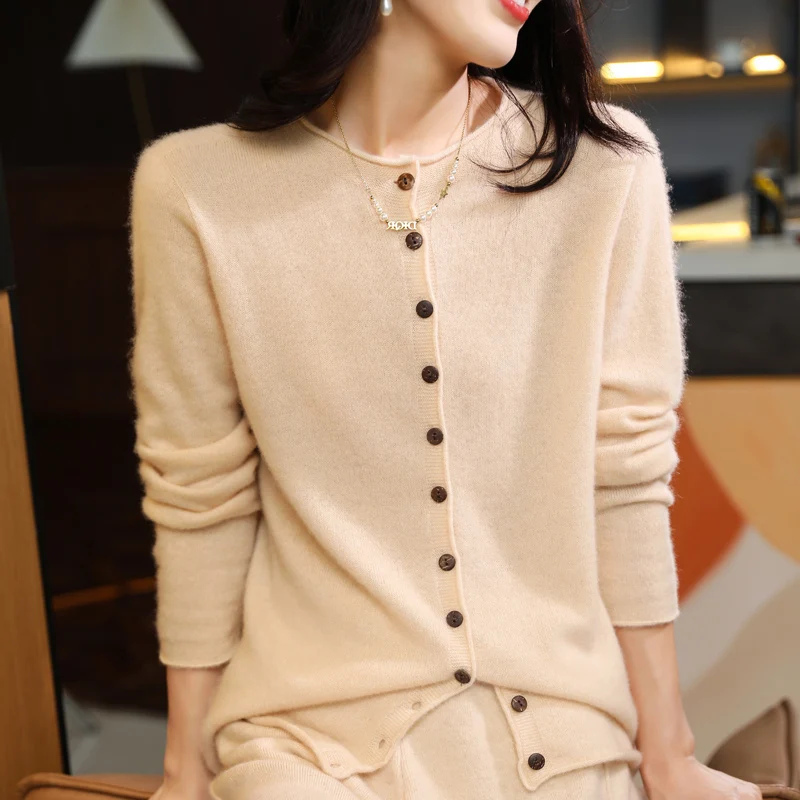 2024 Pure Wool Cardigan Coat Women\'s Early Autumn New Loose Solid Color Long Sleeve Crewneck Long Sleeve Knitted Sweater