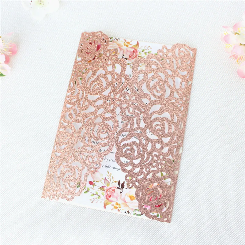 (100 pieces/lot) Luxury Rose Gold Glitter Wedding Invitations With Bowknot Customized Print XV Quinceanera Birthday Cards IC055