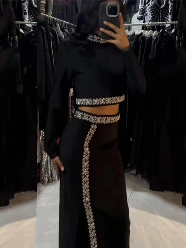 

Women Sexy Long Sleeve Diamonds Beading Maxi Long Black Two Pieces Skirt Bandage Set Celebrity Designer Fashion Women's Set
